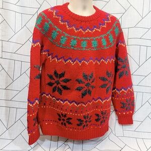 Shetland Wool Sweater Fair Isle Gant Red Green Sz L Chunky Knit Ugly Christmas